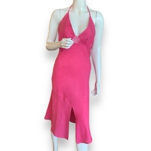 LUCY LOVE FUCHSIA LINEN HALTER TOP MIDI DRESS. WOMEN’S SIZE M. NEW WITH TAGS.